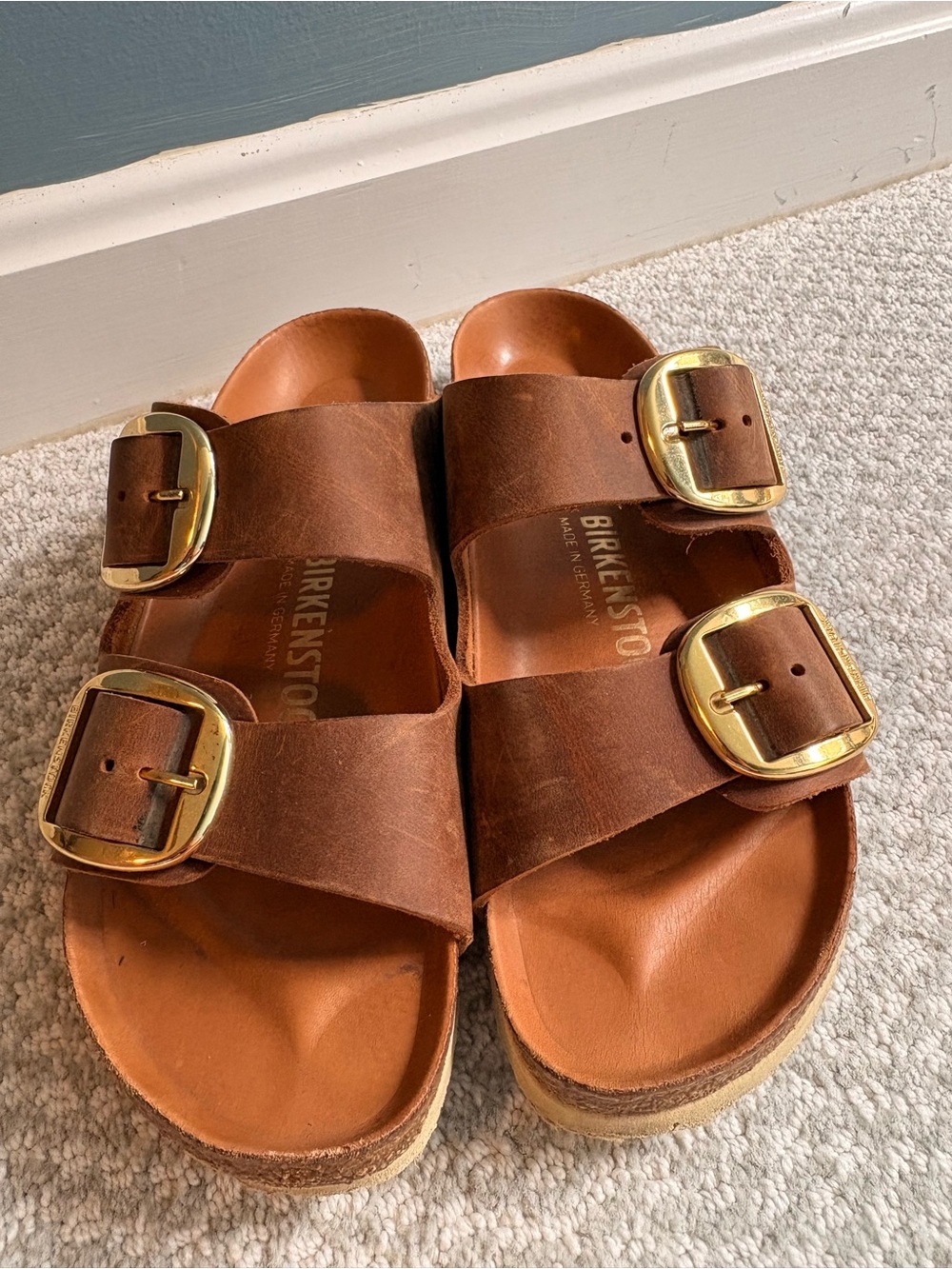 Birkenstock Brown Leather Double-Buckle Sandals with Gold Buckles